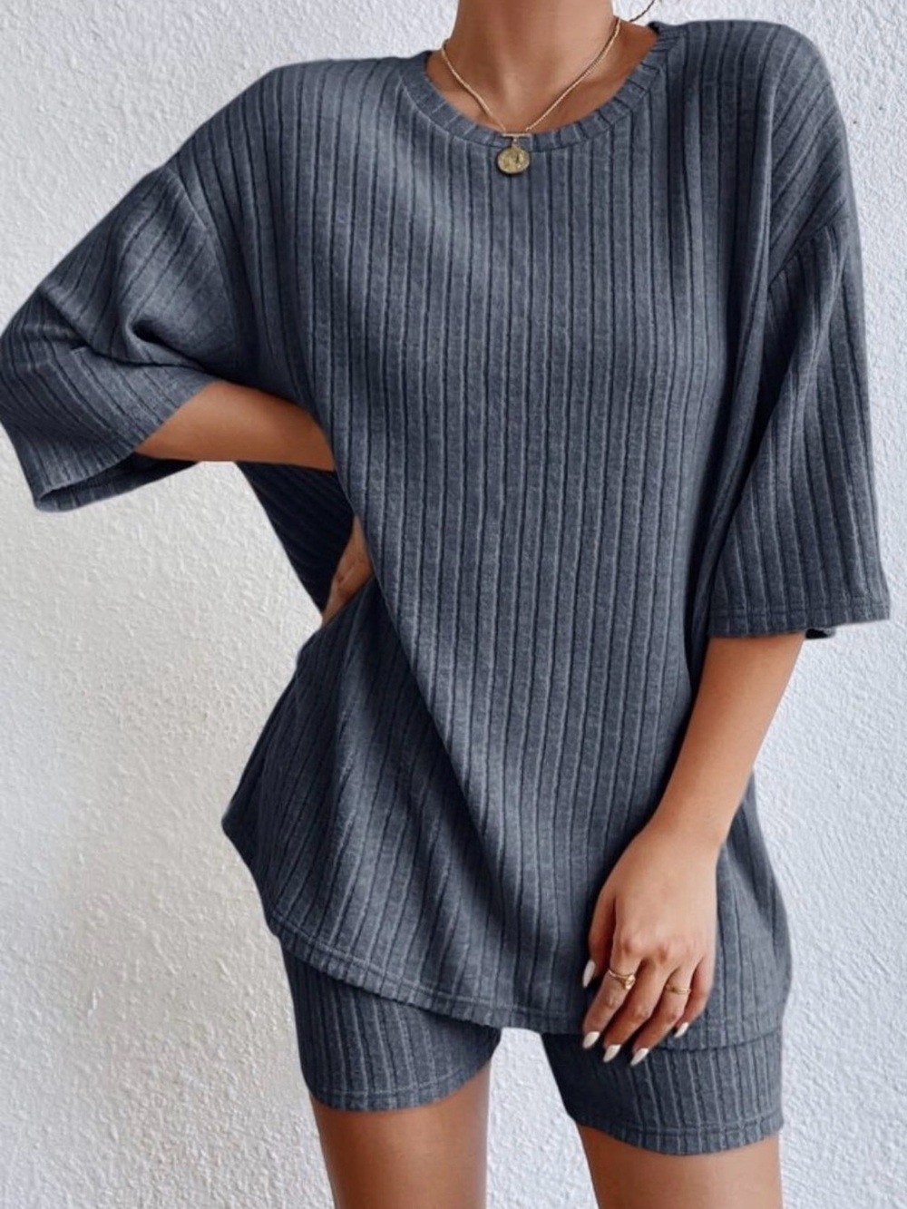 Women's Ribbed Navy Blue Short Sleeve Set